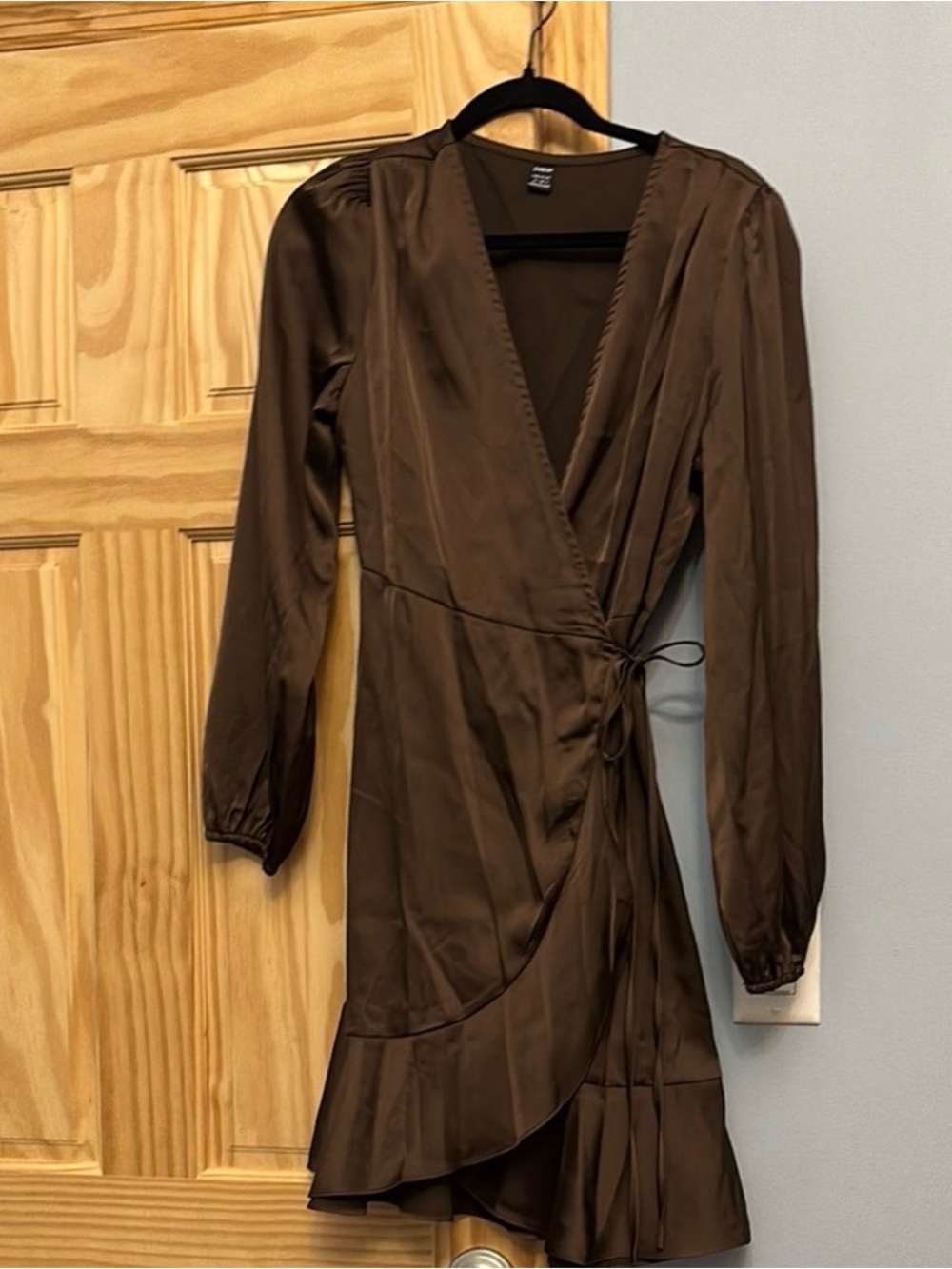 SHEIN Brown Wrap Midi Dress with Ruffle Hem